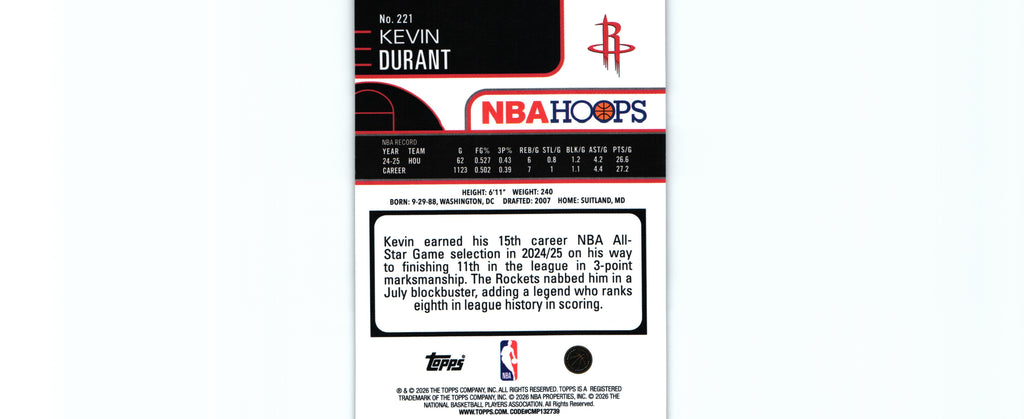 Kevin Durant 2025 Hoops #221, Rockets