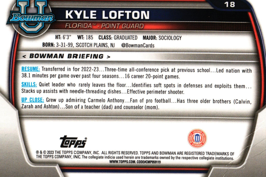 Kyle Lofton 2022 Bowman #18, Florida Gators