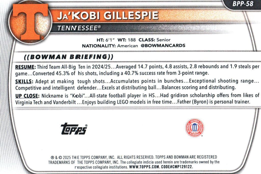Ja'Kobi Gillespie 2024 Bowman BPP-58, Tennessee Volunteers