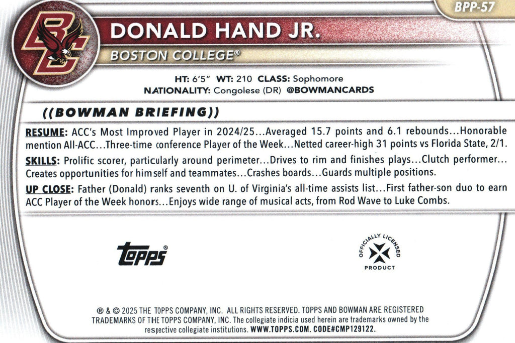 Donald Hand 2024 Bowman BPP-57, Boston College