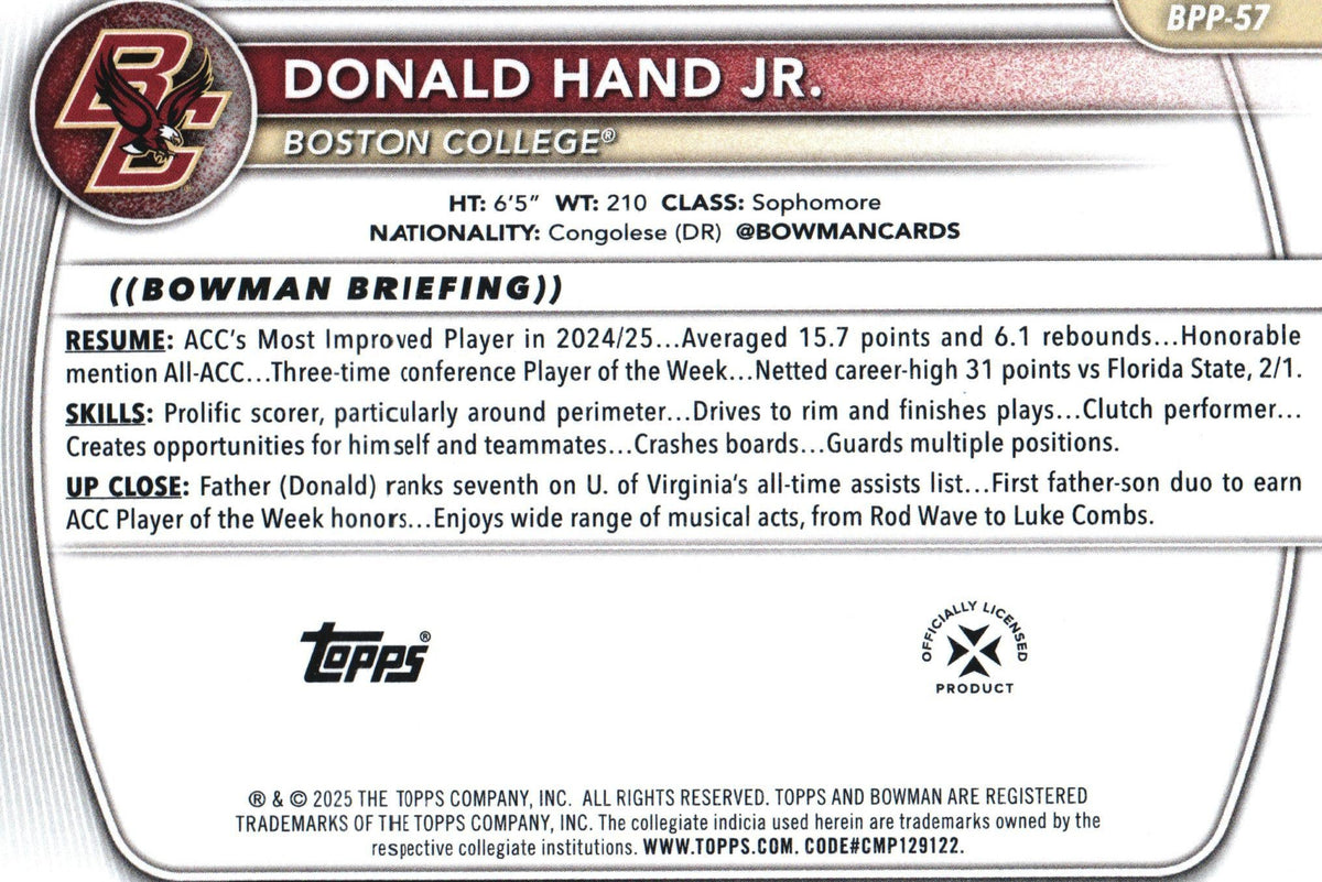 Donald Hand 2024 Bowman BPP-57, Boston College