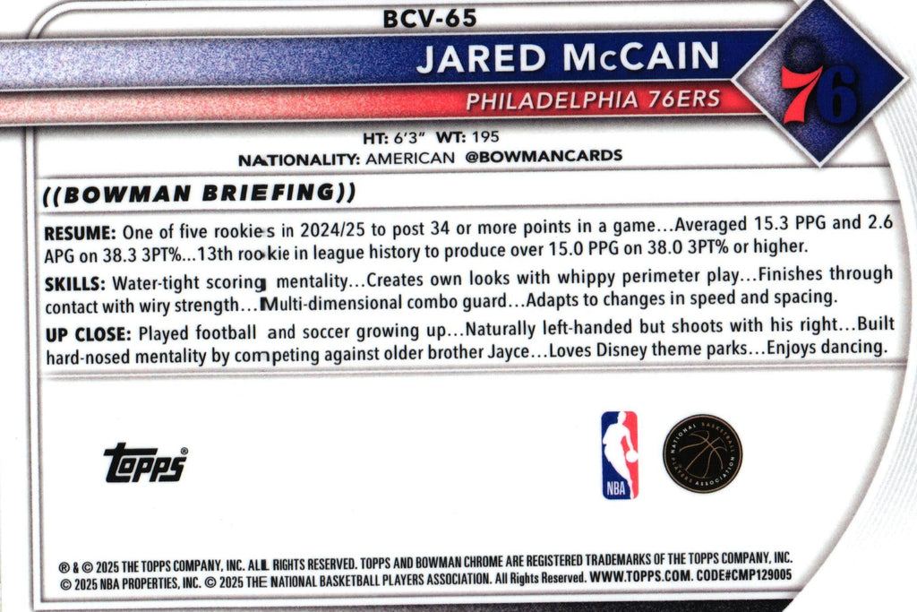 Jared McCain 2025 MOJO Bowman BCV-65, 76ers