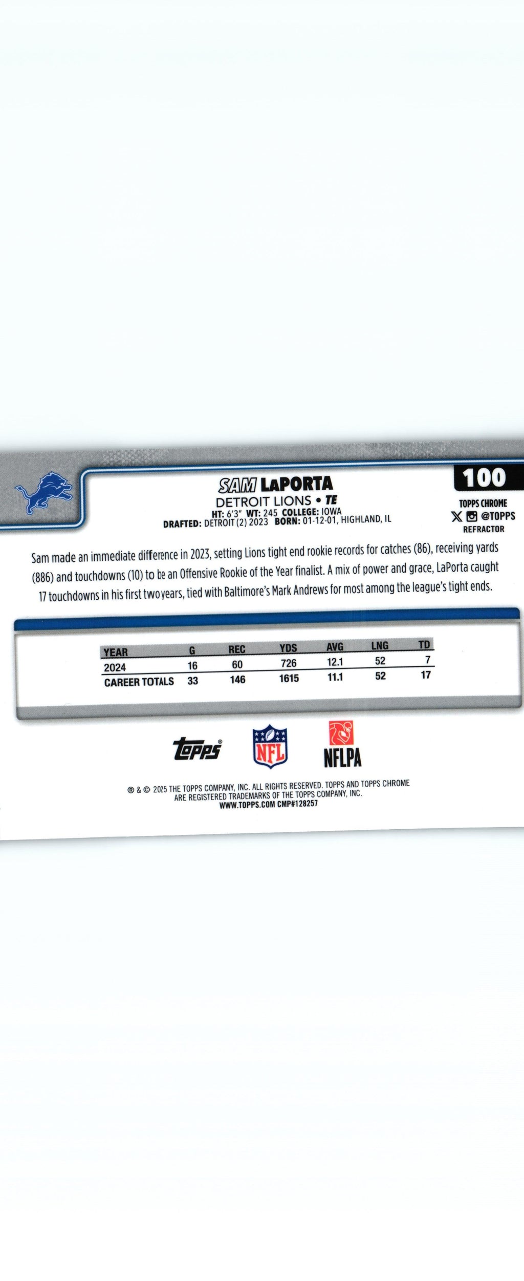 Sam LaPorta 2025 REFRACTOR Topps #100