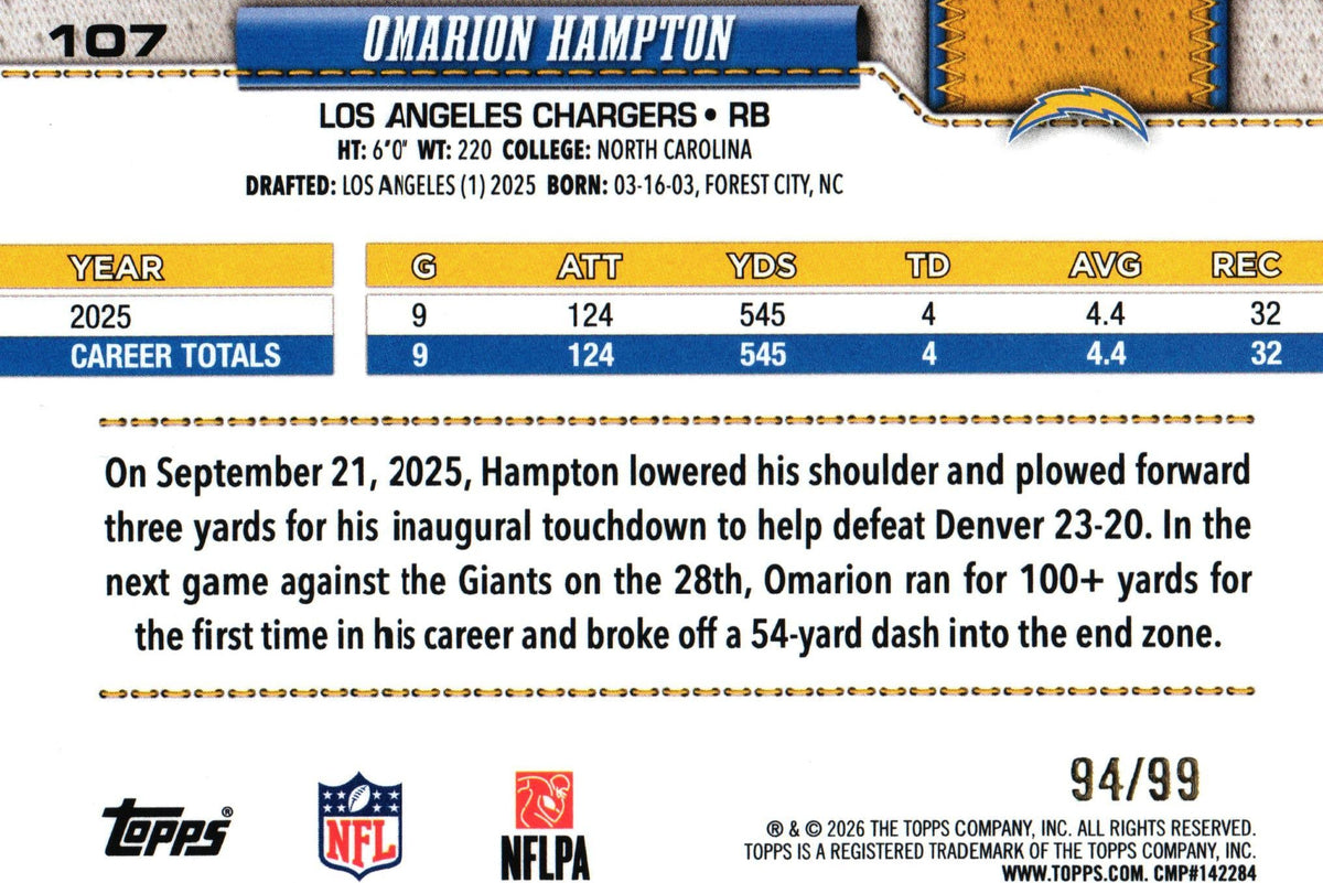 Omarion Hampton 2026 GREEN Topps #107 /99