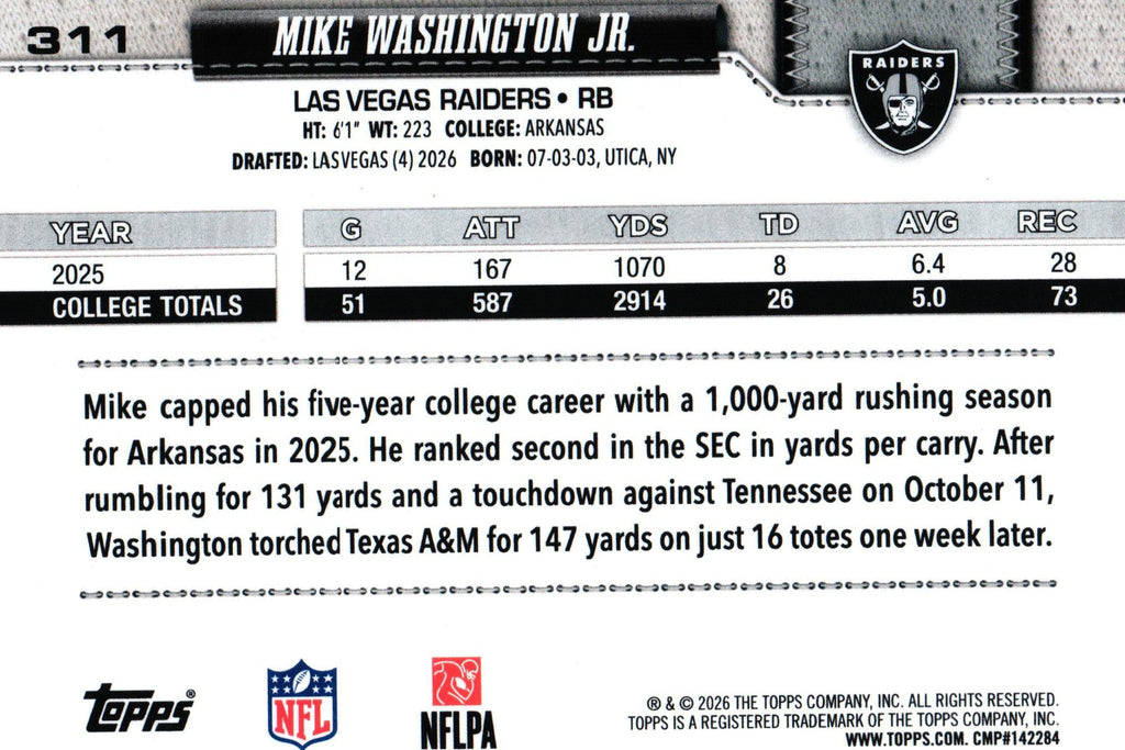 Mike Washington 2026 LEATHER Topps #311 RC
