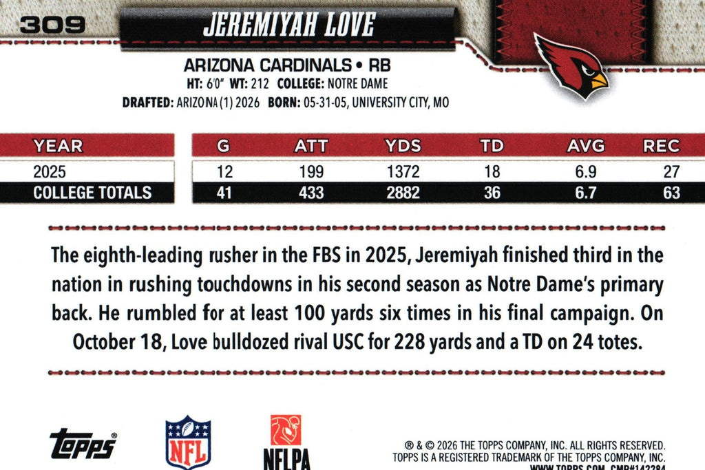Jeremiyah Love 2026 Topps #309 RC