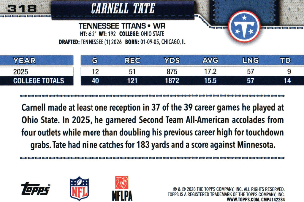 Carnell Tate 2026 Topps #318 RC
