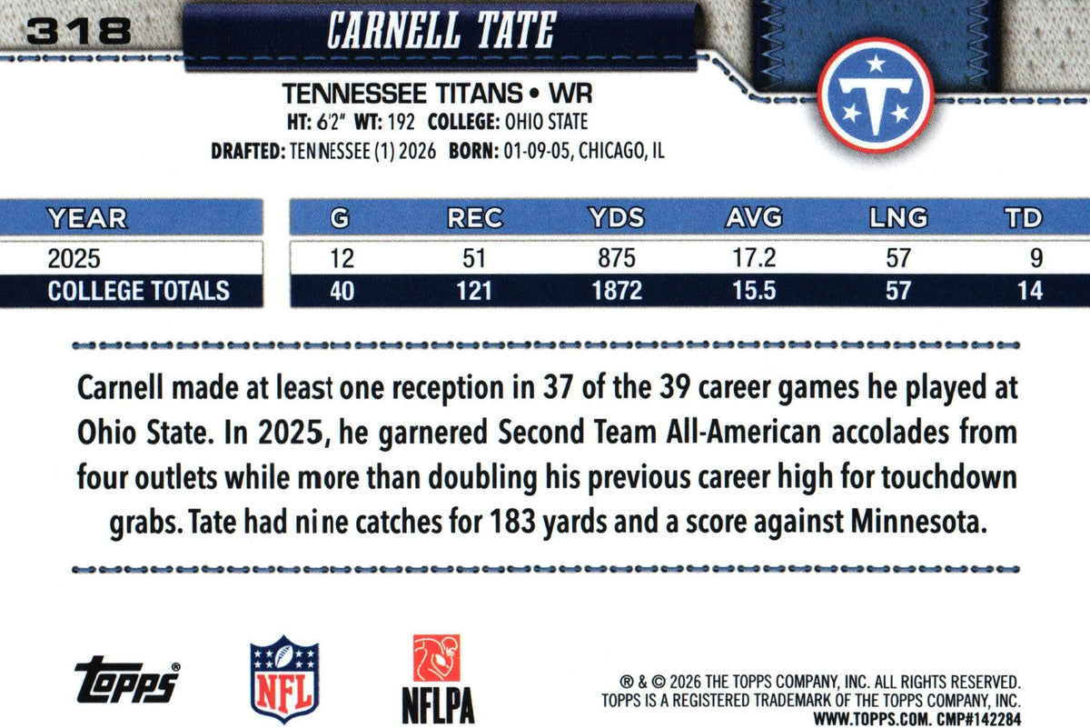 Carnell Tate 2026 Topps #318 RC