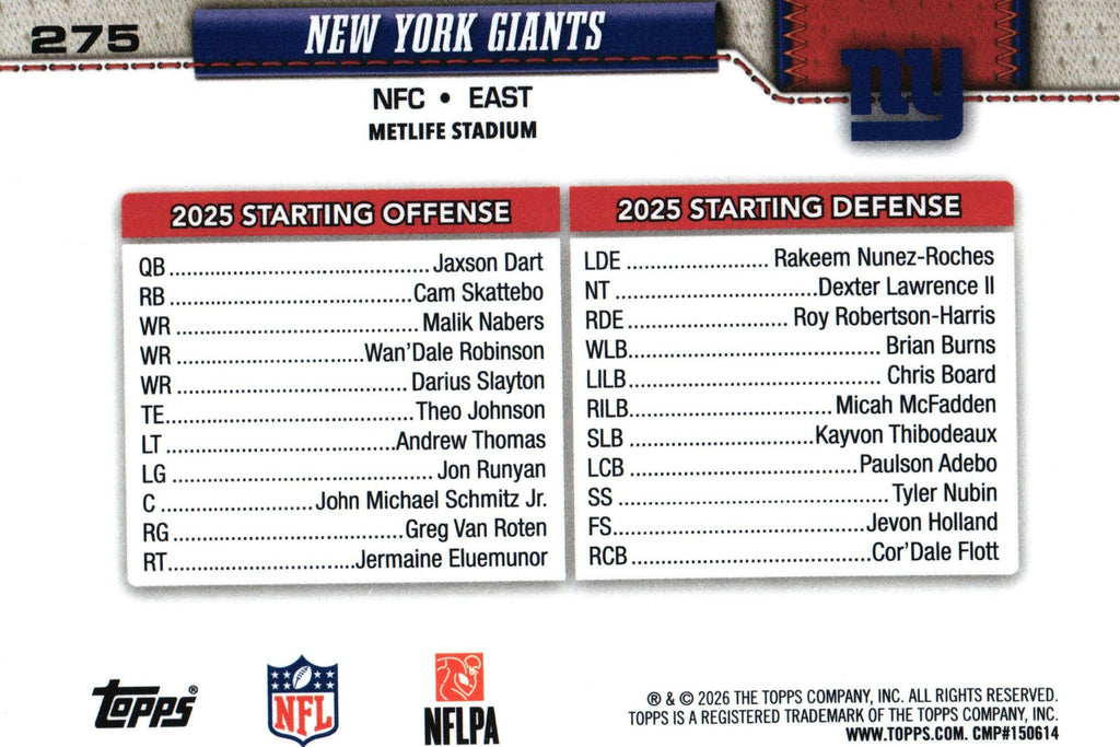 New York Giants "Team Card" 2026 Topps #275