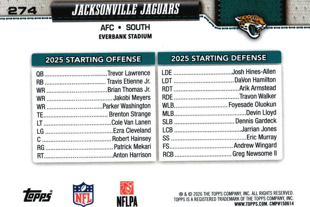 Jacksonville Jaguars "Team Card" 2026 Topps #274