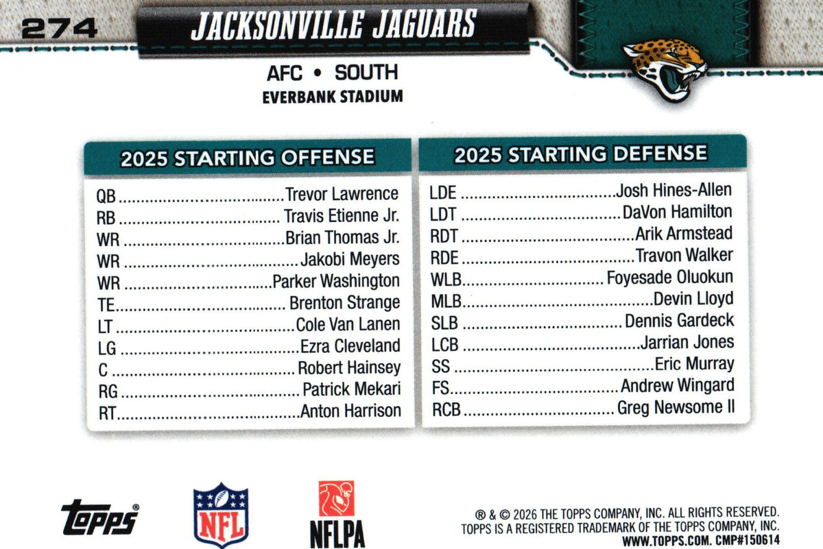 Jacksonville Jaguars "Team Card" 2026 Topps #274