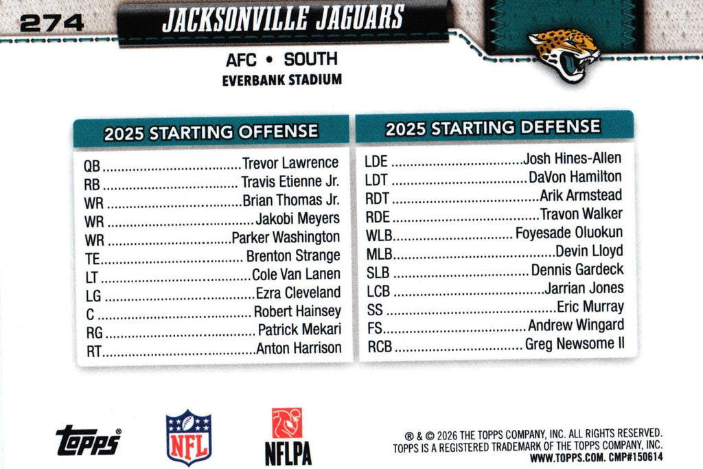 Jacksonville Jaguars "Team Card" 2026 LEATHER Topps #274