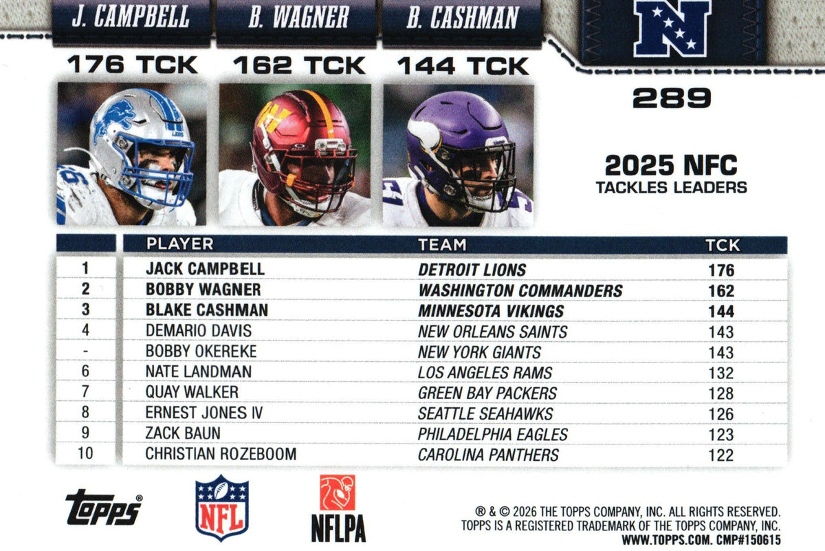 Campbell/Wagner/Cashman 2026 Topps #289 "Tackles Leaders NFC"