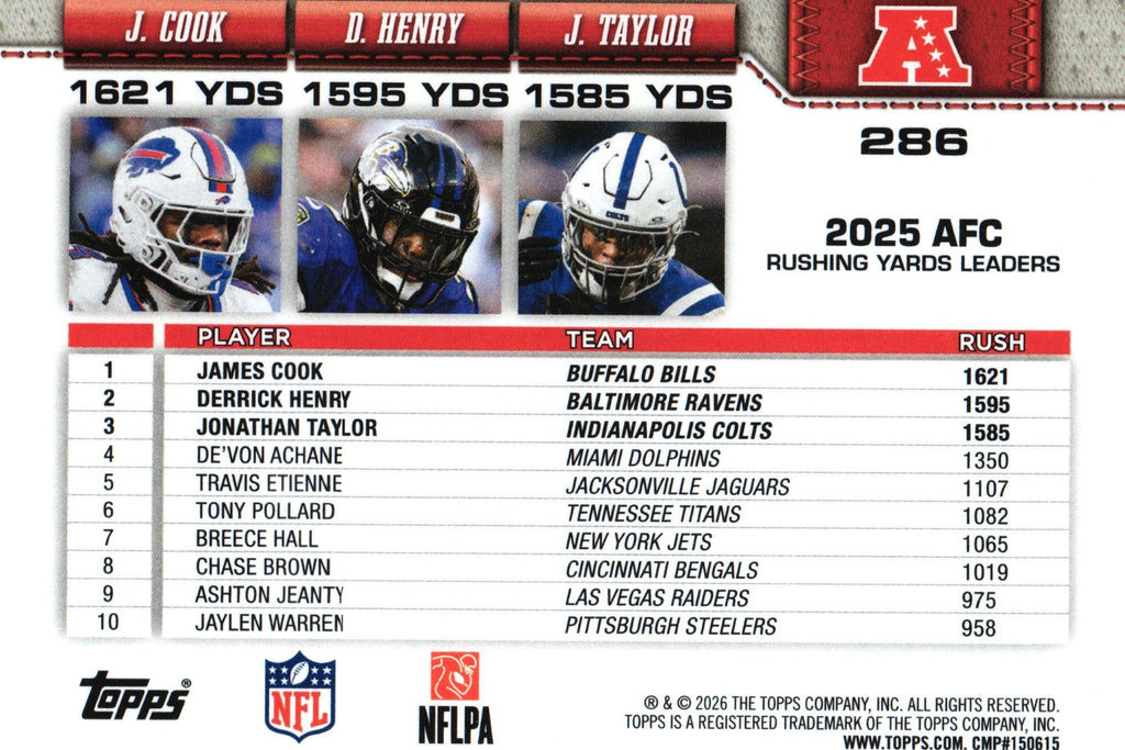 Cook/Henry/Taylor 2026 Topps #286 " Rushing Leaders AFC"