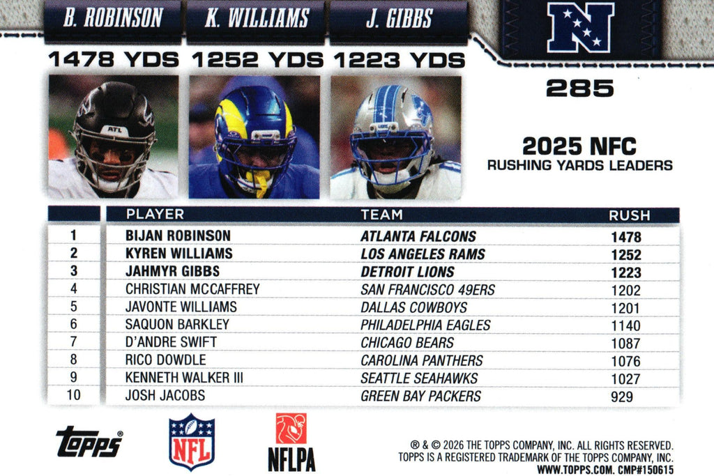 Robinson/Williams/Gibbs 2026 Topps #285 "Rushing Leaders NFC"