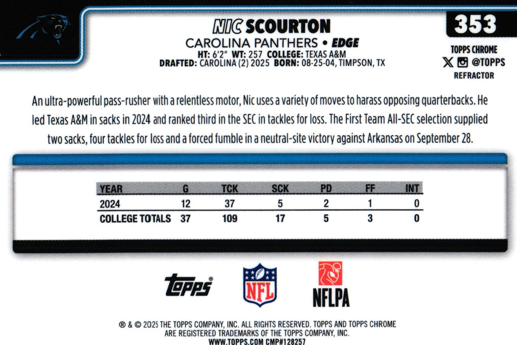 Nic Scourton 2025 REFRACTOR Topps #353 RC
