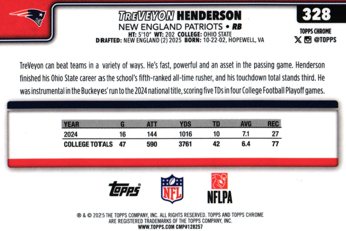 TreVeyon Henderson 2025 RAY WAVE Topps #328 RC