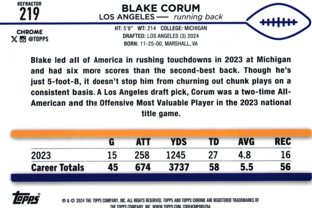Blake Corum 2024 REFRACTOR Topps #219 RC