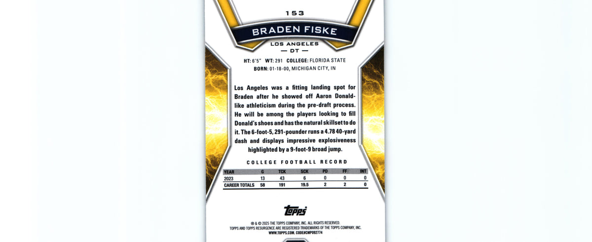 Braden Fiske 2024 BLUE&ORANGE SPARK Topps #153 RC