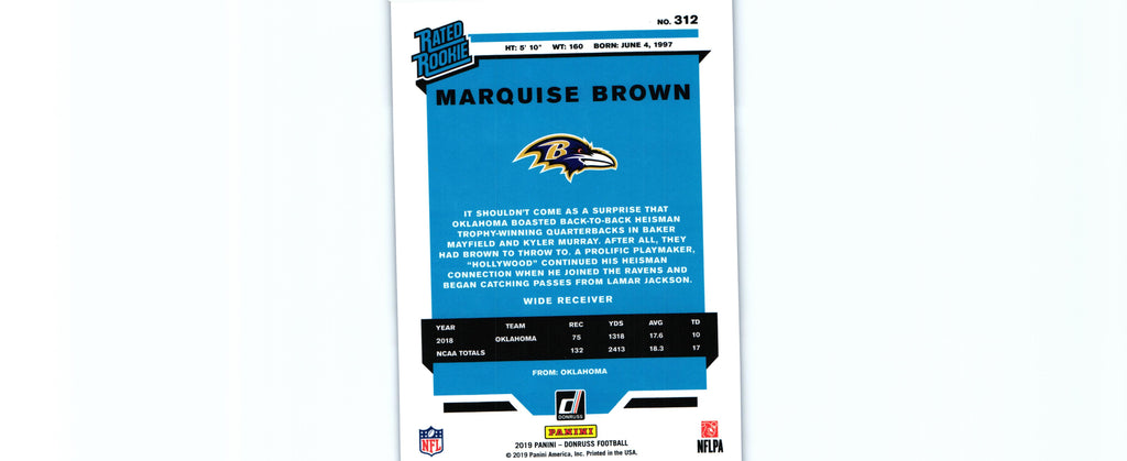 Marquise Brown 2019 PRESS PROOF BLUE Donruss #312 RC