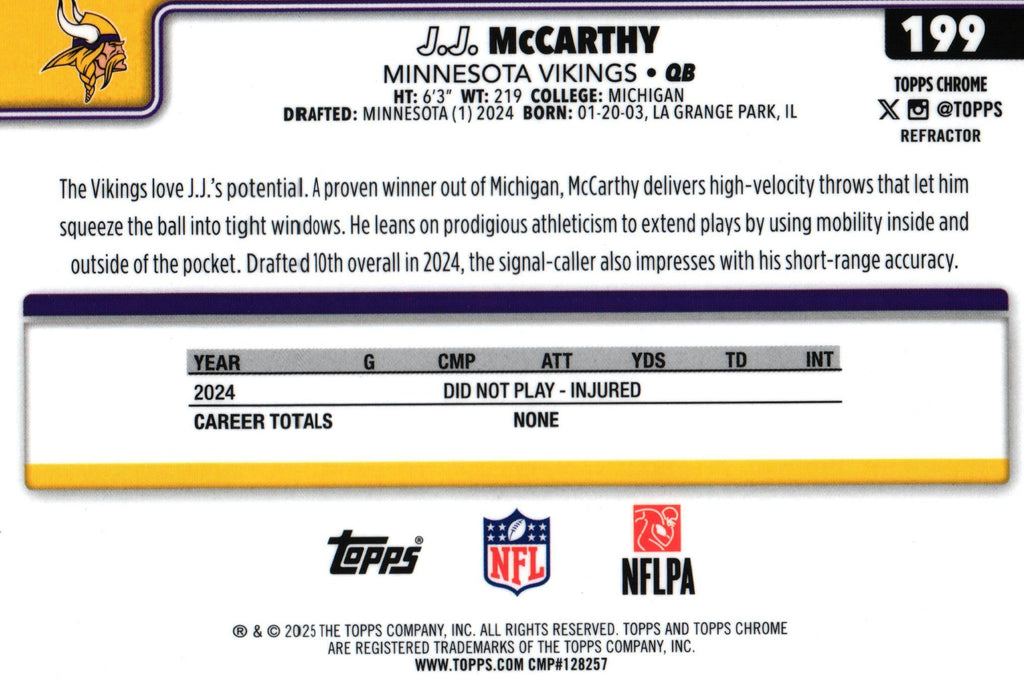 J.J. McCarthy 2025 REFRACTOR Topps #199