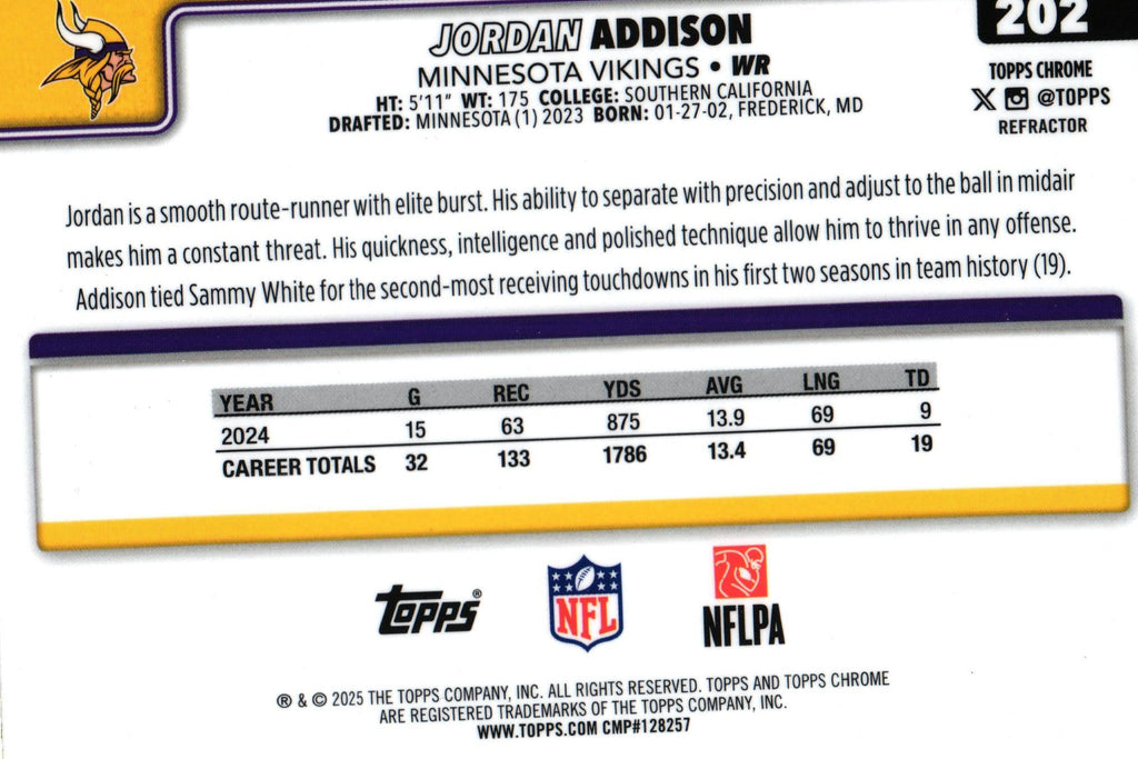 Jordan Addison 2025 REFRACTOR Topps #202