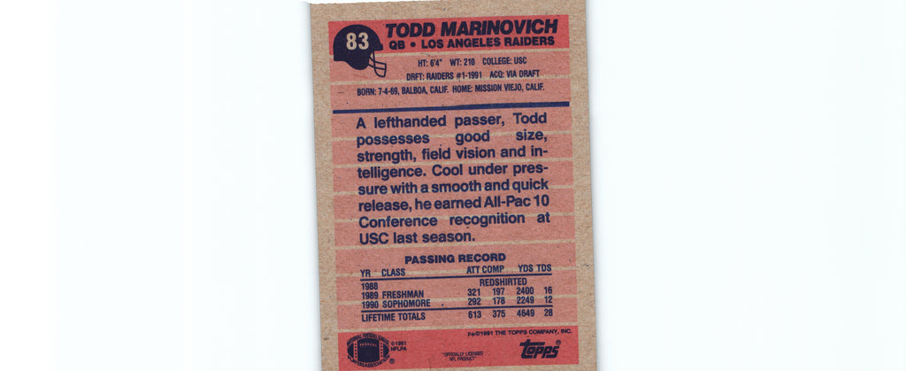 Todd Marinovich 1991 Topps #83 RC