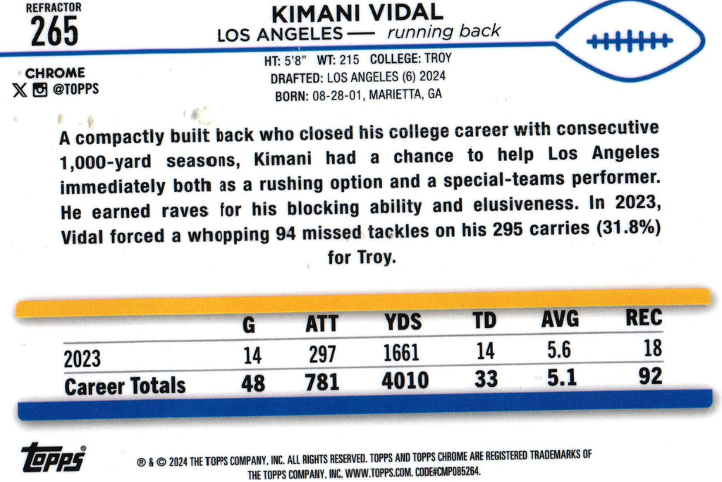 Kimani Vidal 2024 REFRACTOR Topps #265 RC