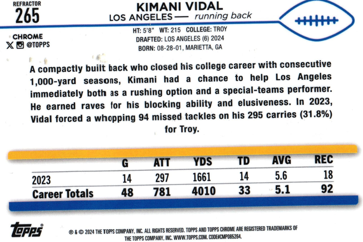Kimani Vidal 2024 REFRACTOR Topps #265 RC