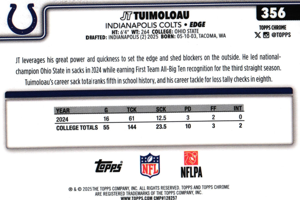 JT Tuimoloai 2025 RAY WAVE Topps #358 RC