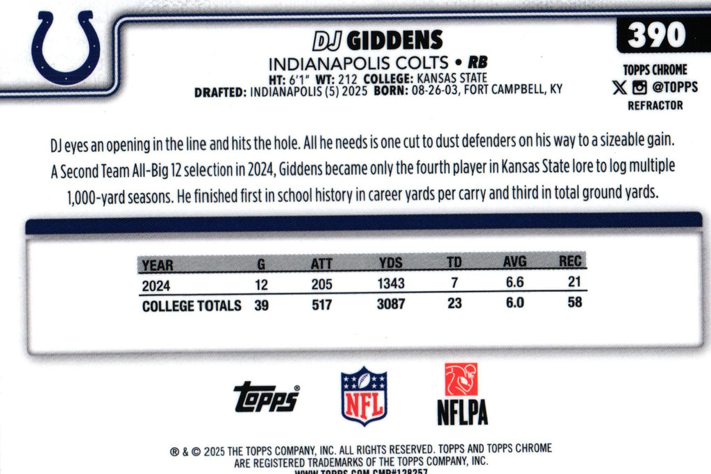DJ Giddens 2025 REFRACTOR Topps #390 RC