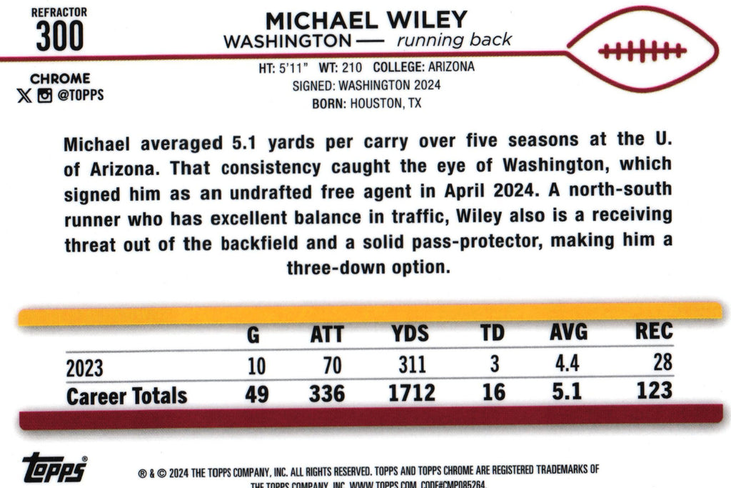 Michael Wiley 2024 REFRACTOR Topps #300 RC
