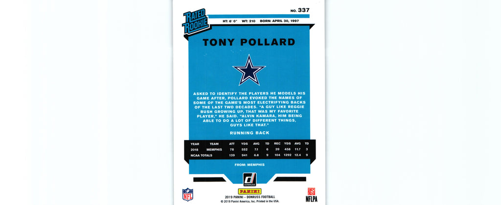 Tony Pollard 2019 Donruss #337 RC