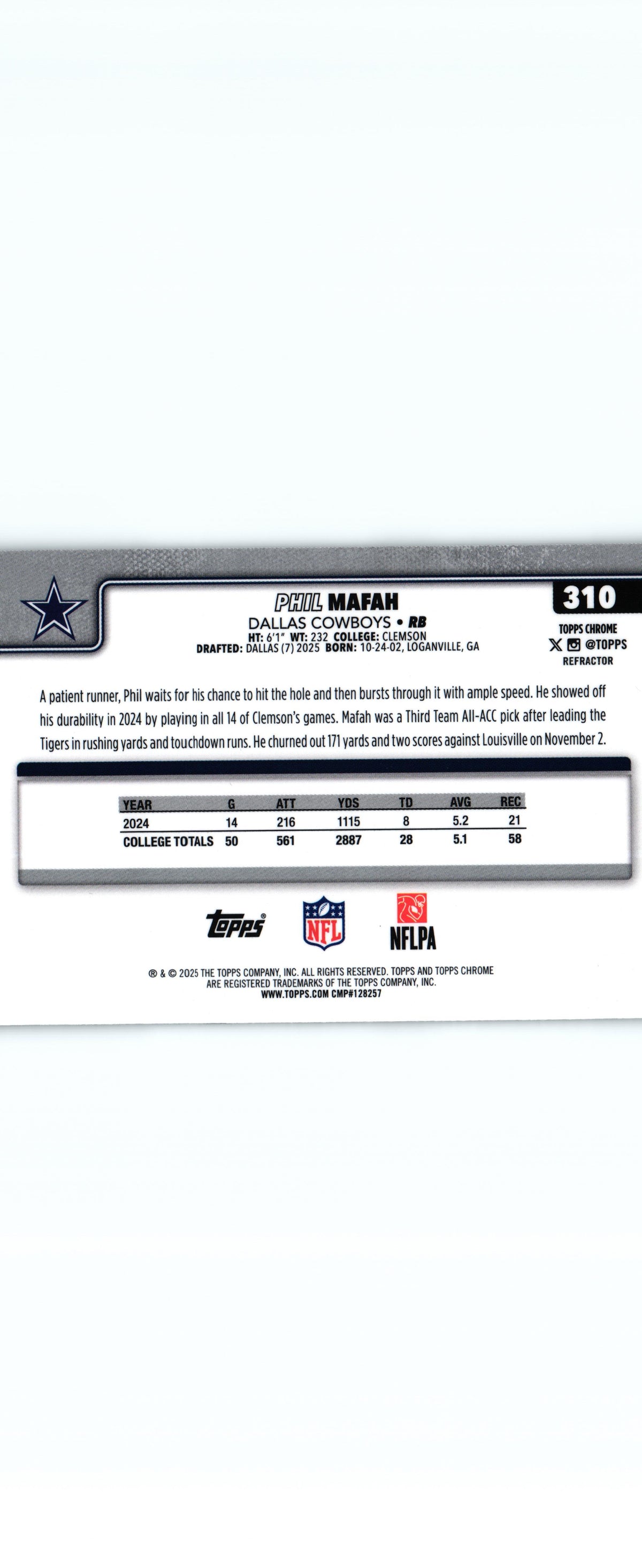 Phil Mafah 2025 REFRACTOR Topps #310 RC