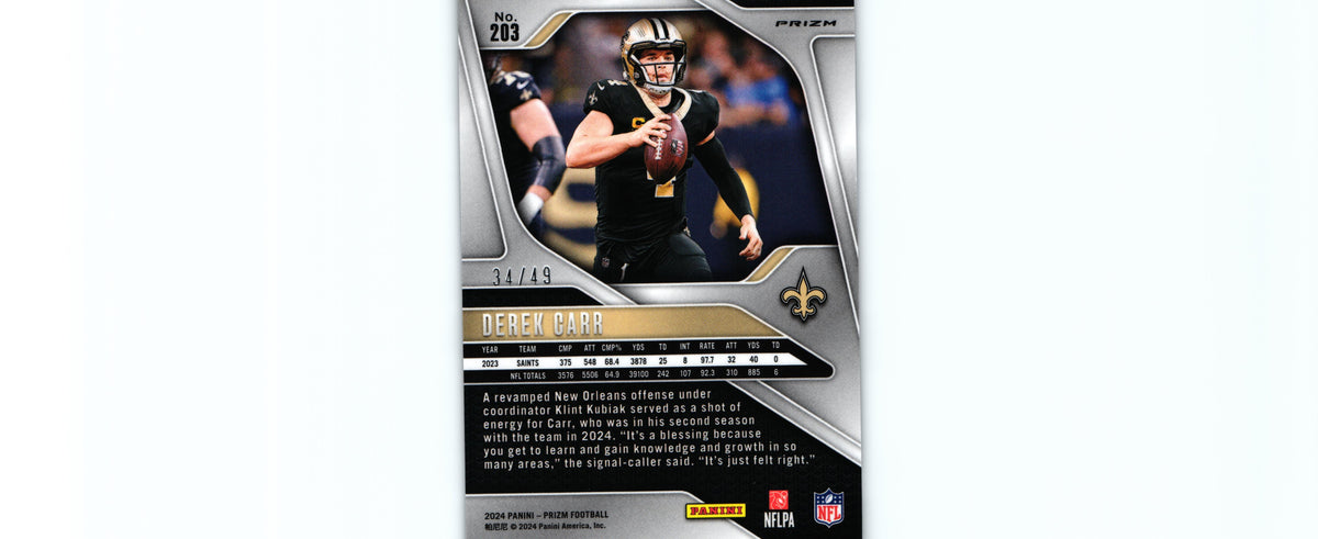 Derek Carr 2024 NO HUDDLE PURPLE Prizm #203 /49