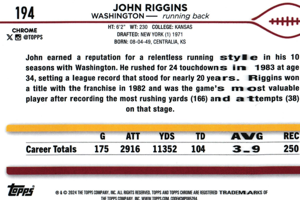John Riggins 2024 PURPLE SPECKLE Topps #194 /275