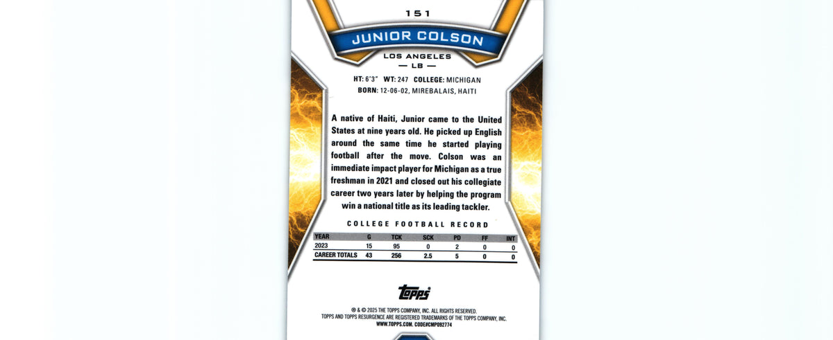 Junior Colson 2024 BLUE SURGE Topps #151 /99 RC